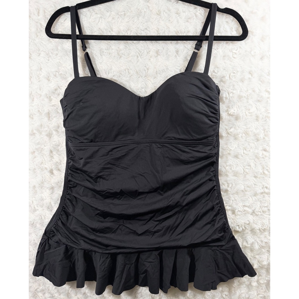 Tommy Bahama Womens Size Medium Black Ruched Ruffle Tankini Swim Top